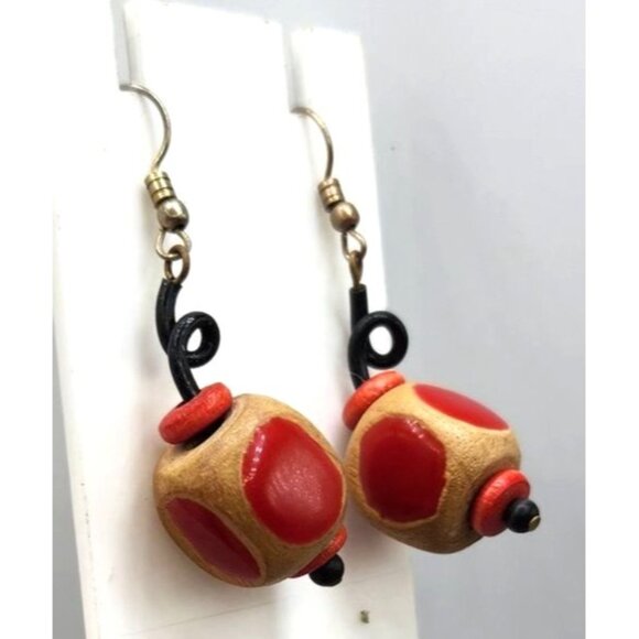 Wooden Cube Dangle Earrings WIth Red Painted Dot Design - Picture 2 of 2